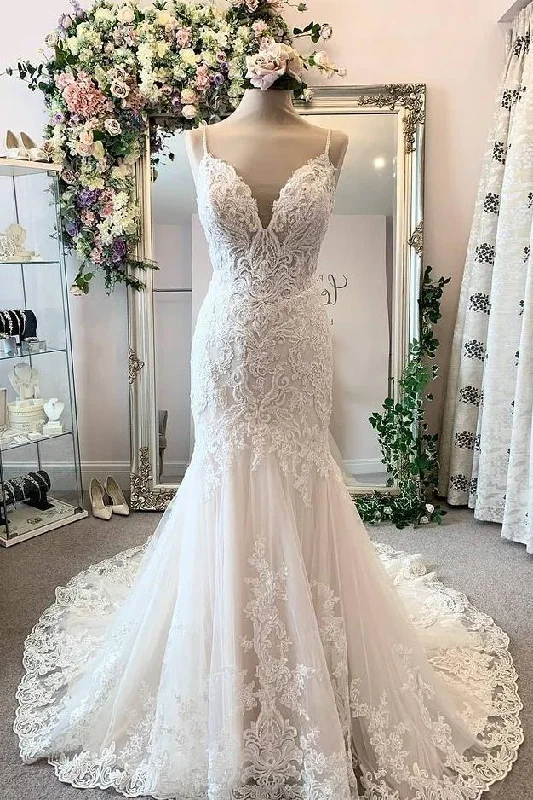 Formal Spaghetti Straps Long Mermaid Lace Wedding Dress Bridal Gowns Y0146 Modern Bridal Gown