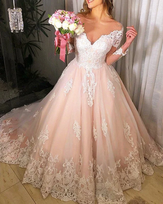 Ivory And Blush Wedding Dress Long Sleeves Ball Gown Sparkling Wedding Dress