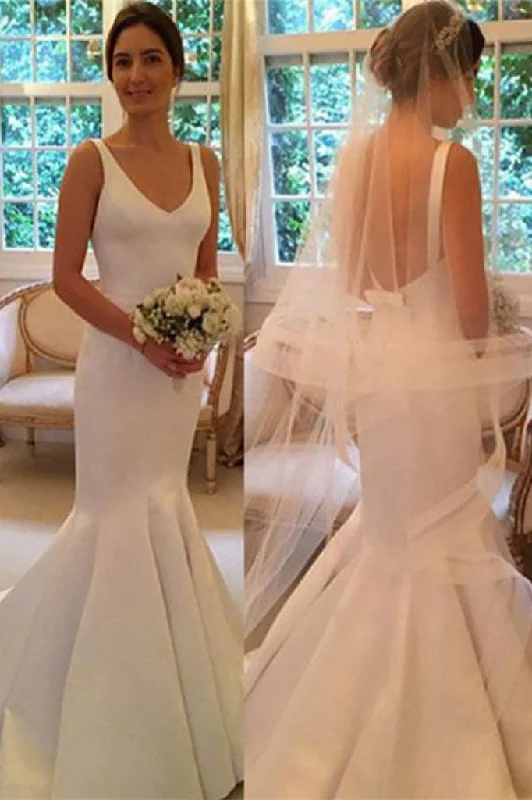 Newest Mermaid V-neck Sleeveless Simple Backless Wedding Dress With Train N1258 Full Skirt Gown