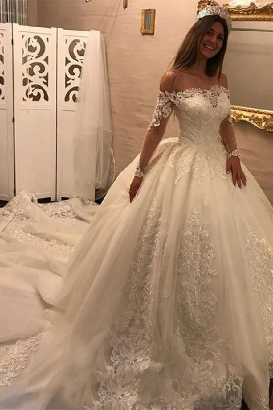 Off Shoulder Long Sleeves Open Back Lace Wedding Dresses with Chapel Train Lace V-neck Dress