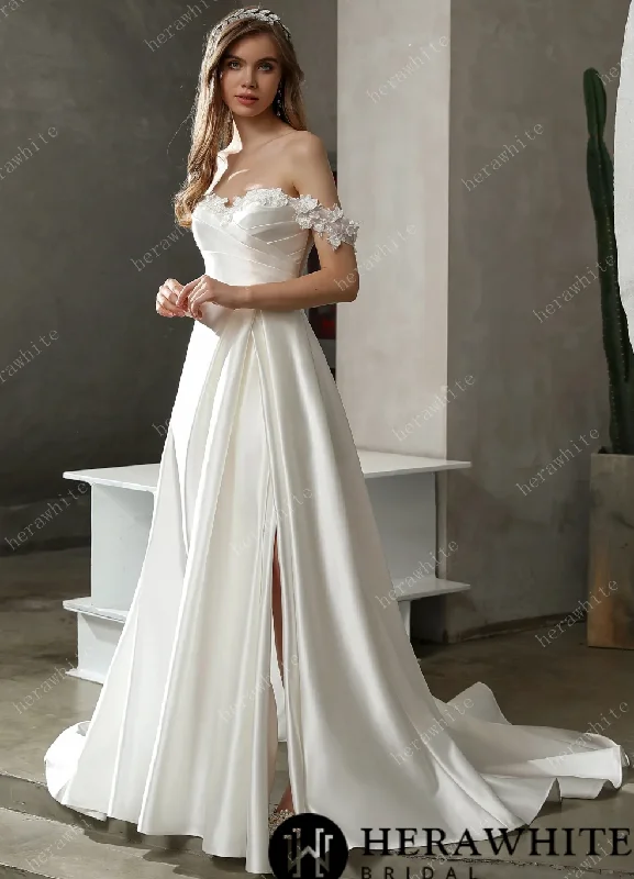 Satin Off-The-Shoulder A-line Bridal Gown with Slit Skirt White Lace Gown