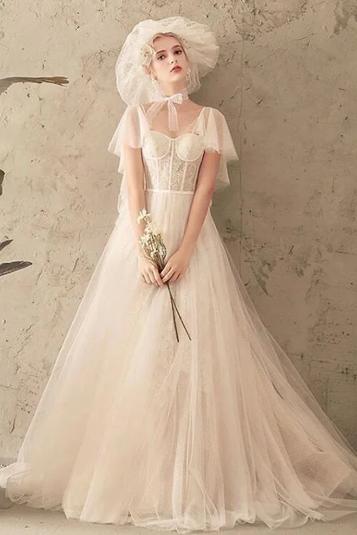 Ivory Unique Tulle Lace Long Wedding Dress Short Sleeves Lace Up Back Bridal Dress N2585 Beaded Lace Wedding