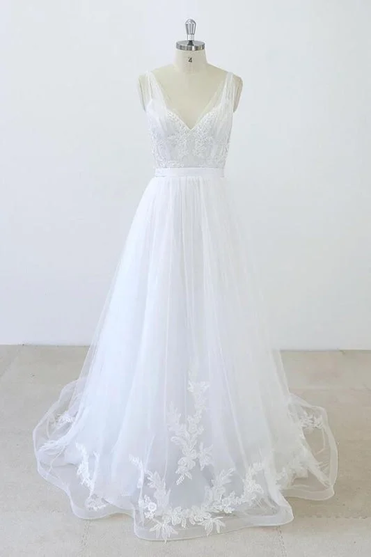 V-neck Ruffle Applqiues Tulle A-line Wedding Dress Sparkle Bridal Dress