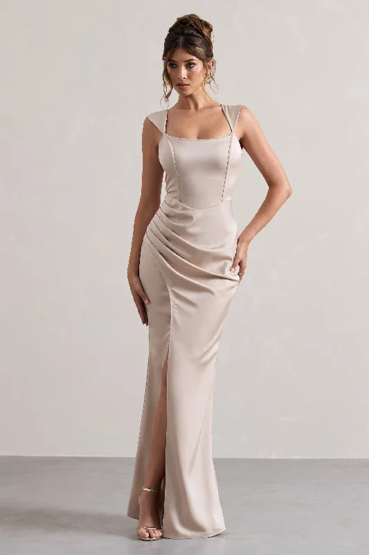 A Romantic | Champagne Satin Corset Wrap Maxi Dress Street style maxi dresses