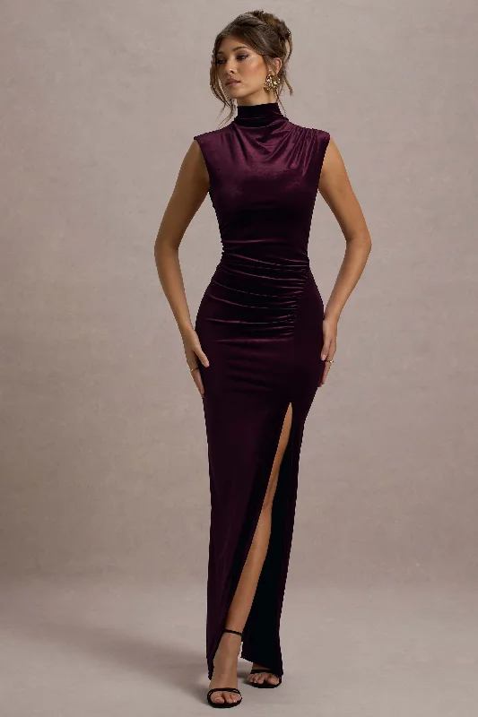 Abilene | Port Velvet High-Neck Split Maxi Dress High-end maxi dresses