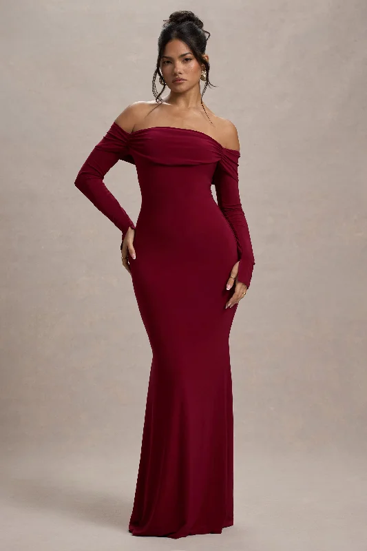 Amaia | Berry Bardot Long-Sleeve Maxi Dress Strapless maxi dresses