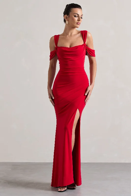 Amoura | Red Square-Neck Draped Wrap Maxi Dress Cotton maxi dresses