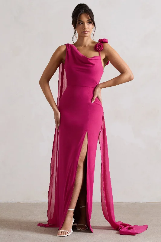 Angeline | Dark Pink Chiffon Draped Split Maxi Dress With Corsages Summer maxi dresses