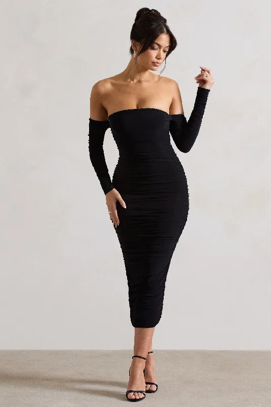 Anissa | Black Ruched Bardot Midi Dress Red carpet midi dresses