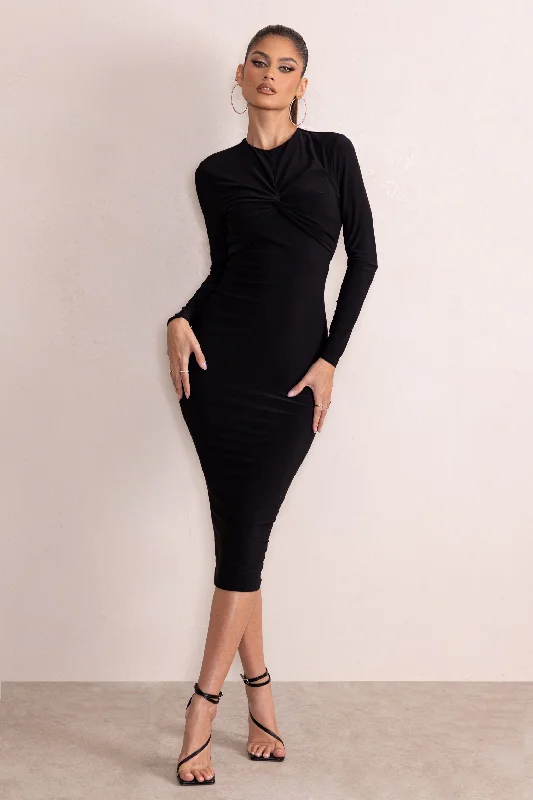 Anna | Black High Neck Twist Front Bodycon Midi Dress With Long Sleeves Summer midi dresses