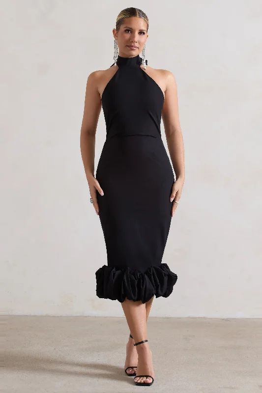 Ashton | Black High-Neck Midi Dress With Ruffle Hem Sleeveless midi dresses