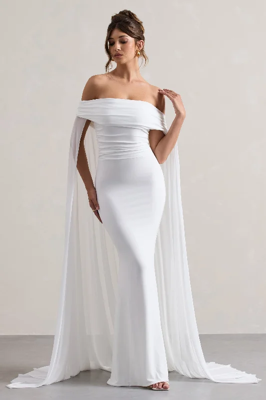 Carlotta | White Bardot Maxi Dress With Chiffon Cape Edgy maxi dresses