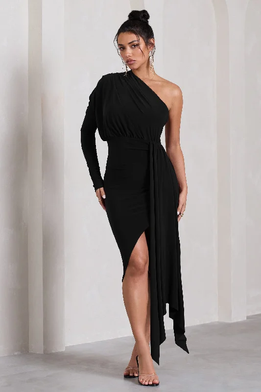 Catherine | Black One Sleeve Asymmetric Midi Dress With Statement Drape Lace midi dresses