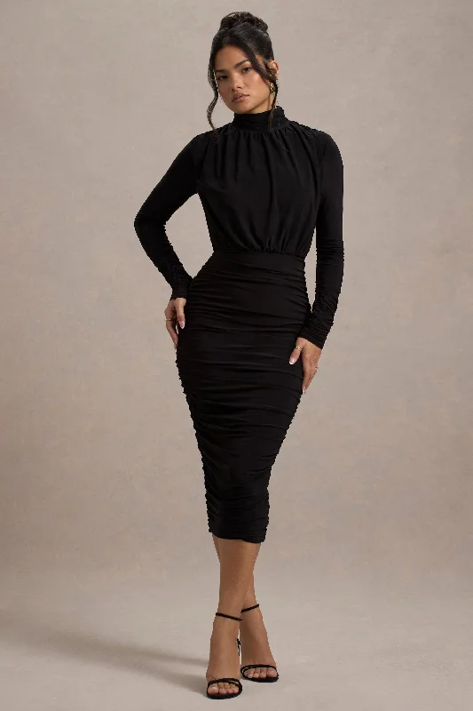 Dasha |  Black Ruched High-Neck Long-Sleeve Midi Dress Anniversary midi dresses