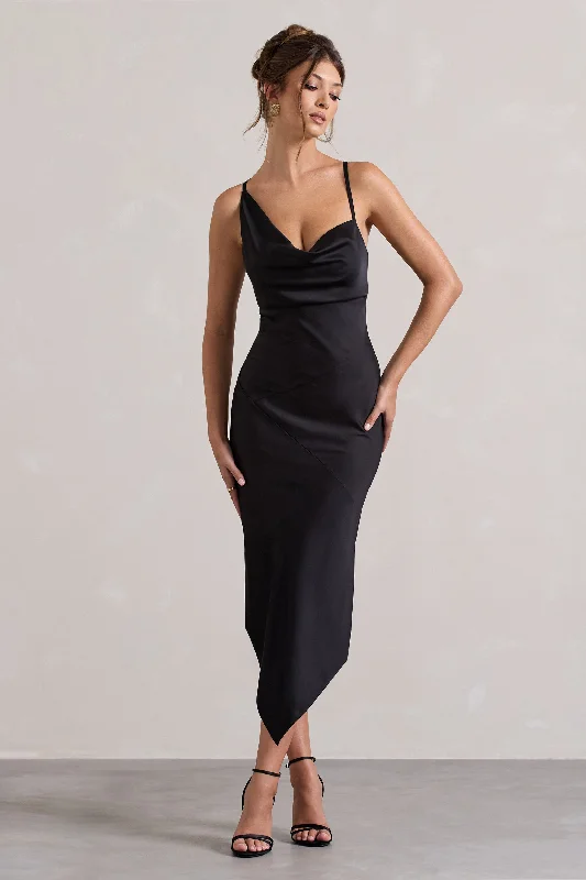 Fillie | Black Satin Asymmetric Cowl-Neck Midi Dress Designer midi dresses