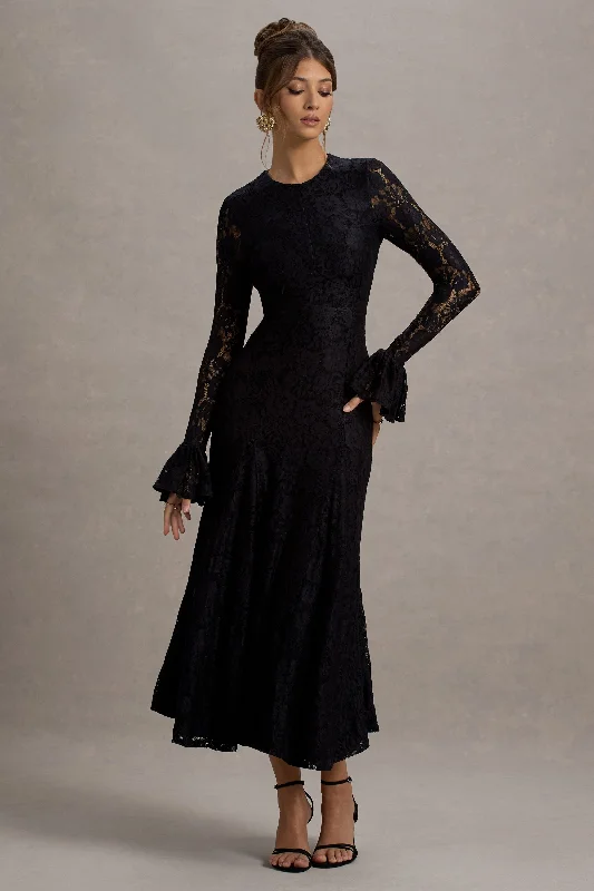 For Life | Black Lace Long-Sleeve Midi Dress Vintage midi dresses