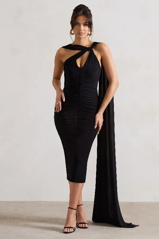 Freedom | Black Strappy Asymmetric Cut-Out Midi Dress With Cape Spring midi dresses