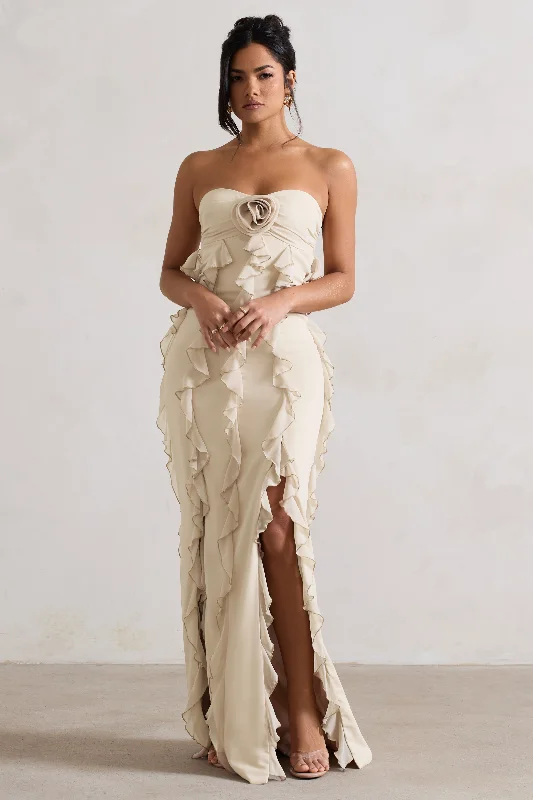 Gardenia | Champagne Strapless Ruffle Maxi Dress With Corsage Cocktail maxi dresses