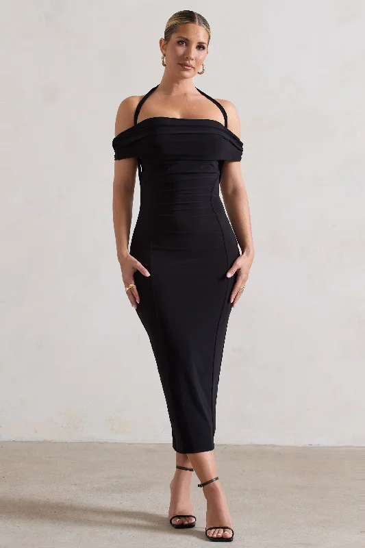 Gwen | Black Bardot Halter-Neck Midi Dress Luxury midi dresses