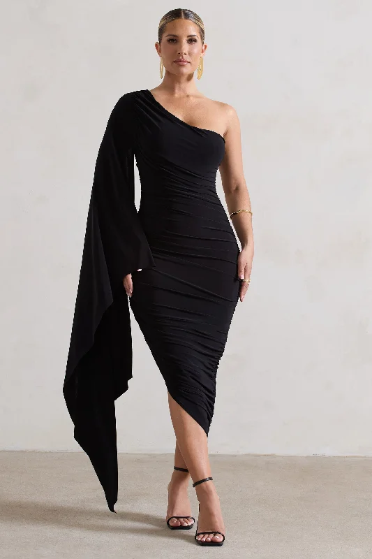 Halsey | Black Ruched One Shoulder Cape Sleeve Asymmetric Midi Dress Best midi dresses for hourglass body shape