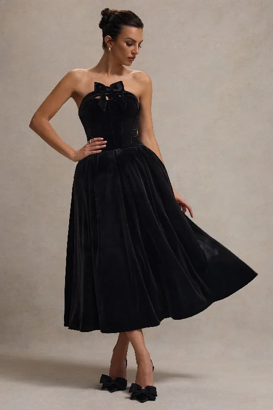 Hepburn | Black Velvet Bandeau Midi Dress With Bow Fall midi dresses