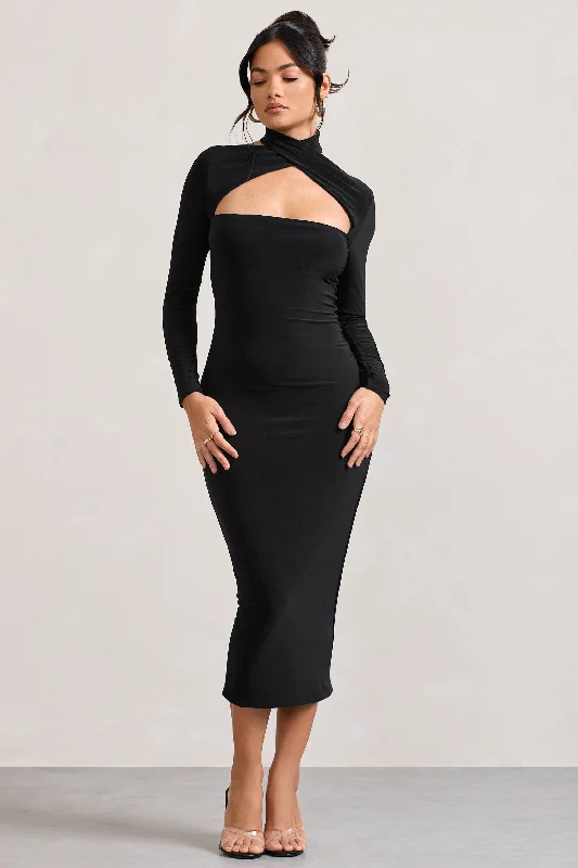 High Hopes | Black Halter-Neck Long-Sleeved Bodycon Midi Dress Chiffon midi dresses