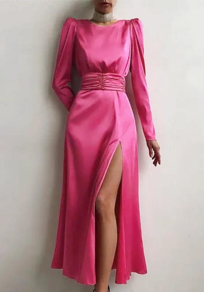 Hot Pink Satin Dress Long Sleeve Birthday maxi dresses