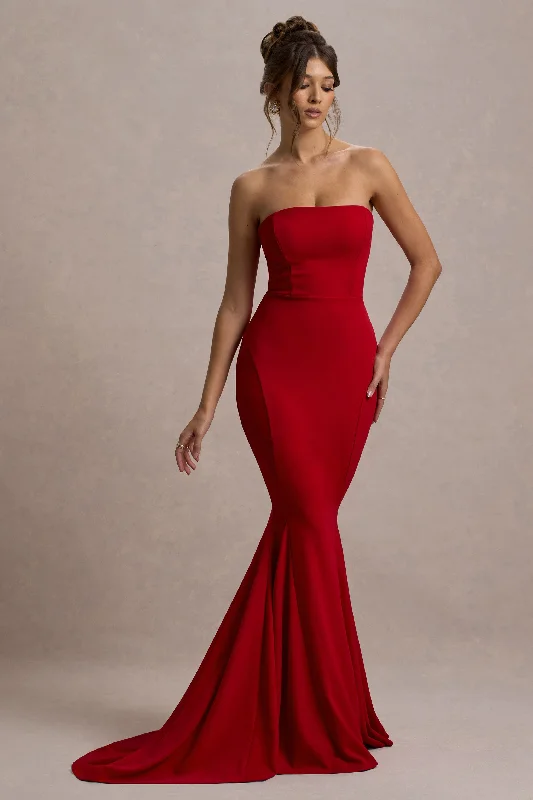 Impress Me | Red Strapless Bandeau Fishtail Maxi Dress Festival maxi dresses