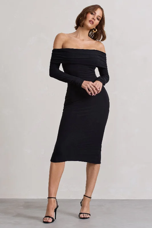 Intercept | Black Bodycon Bardot Tie-Back Midi Dress Glamorous midi dresses