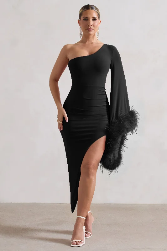 July | Black Asymmetric One Shoulder Cape Midi Dress With Feathers Vintage midi dresses