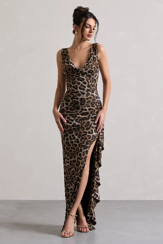 Kaida | Leopard Print Cowl-Neck Ruffled Split Maxi Dress Must-have maxi dresses for this season