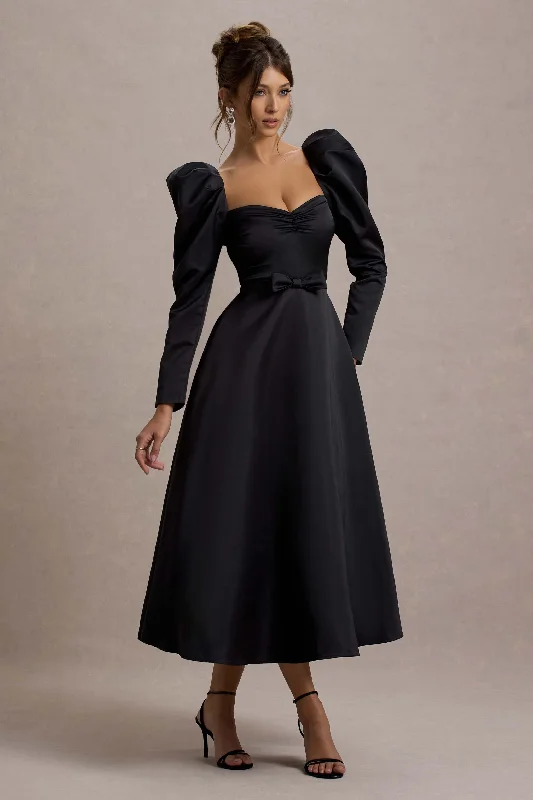 Kansas | Black Square-Neck Puff-Sleeve Belted Midi Dress Smocked midi dresses