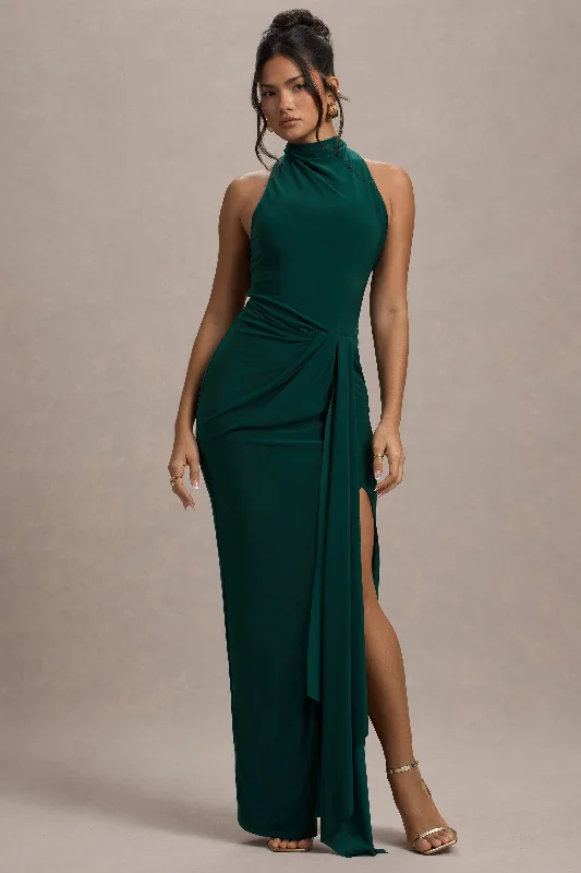 Khari | Bottle Green High-Neck Twisted Maxi Dress With Drape Formal maxi dresses