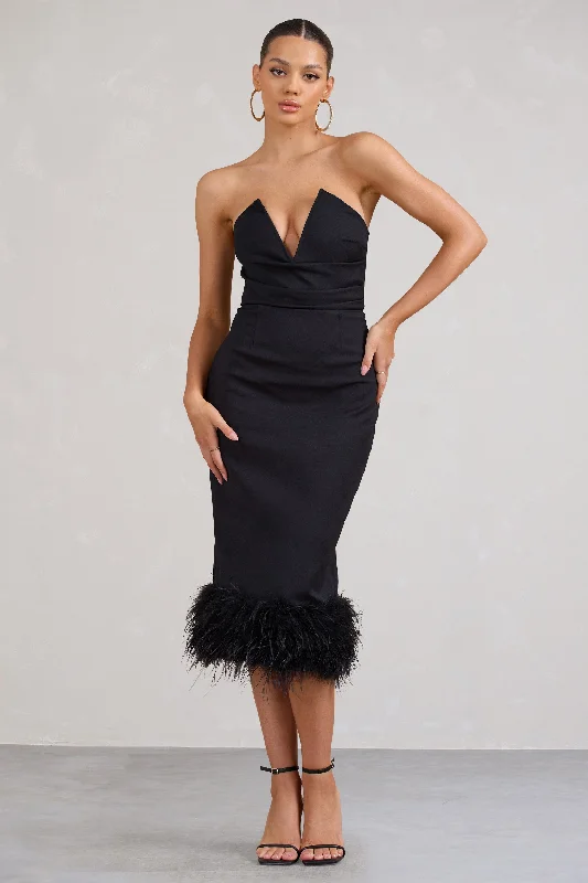 Kensington | Black Bodycon Midi Dress With Statement Feather Trim Edgy midi dresses