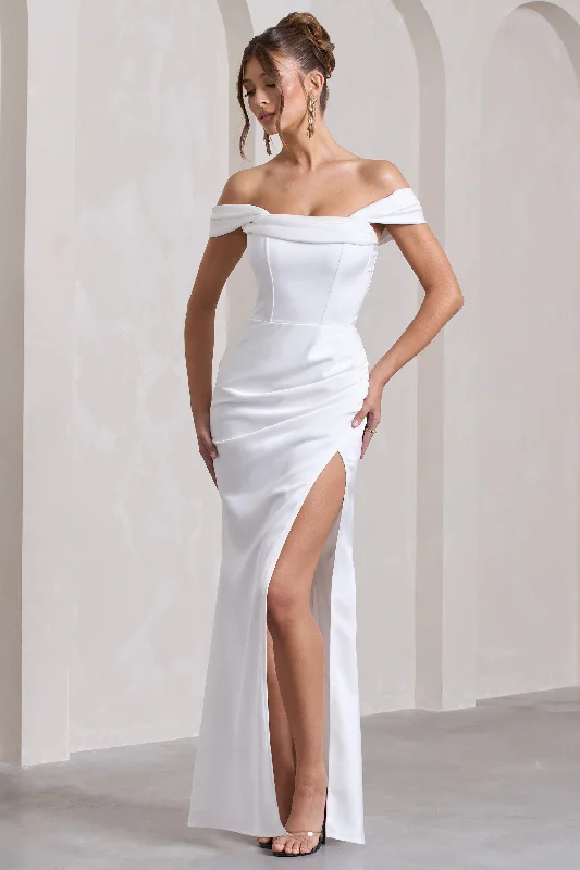 Kimberly | White Bardot Fishtail Satin Maxi Dress Best maxi dresses for formal events