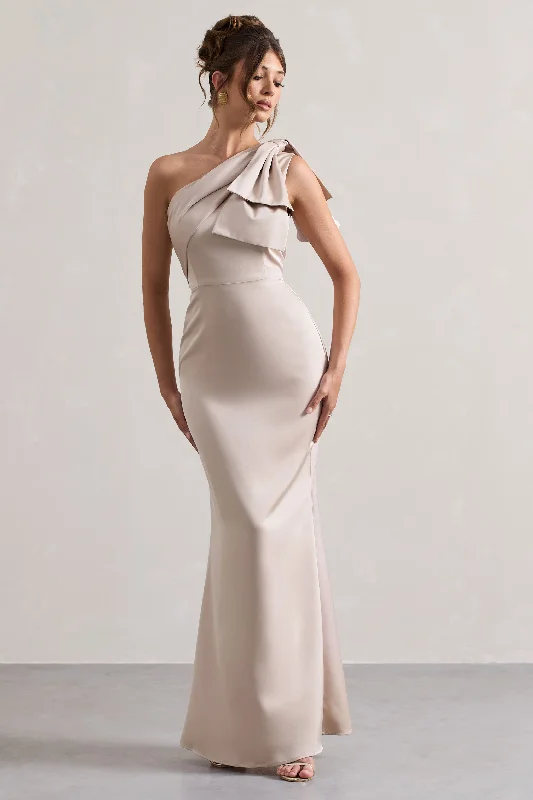 Lady | Champagne Satin One Shoulder Maxi Dress With Bow Date night maxi dresses