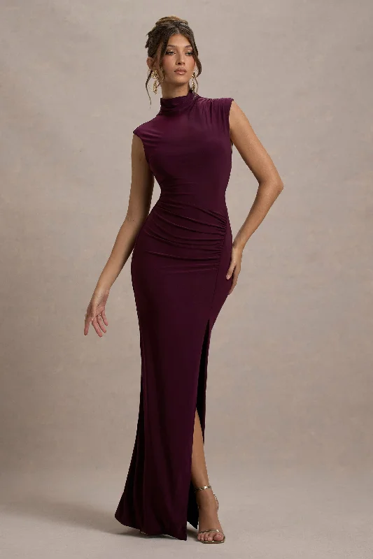 Lanetta | Plum Ruched High-Neck Maxi Dress With Split Chiffon maxi dresses