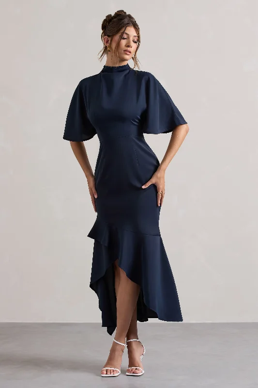 Lavinia | Navy High-Neck Flutter-Sleeve Asymmetric Maxi Dress Summer party maxi dresses