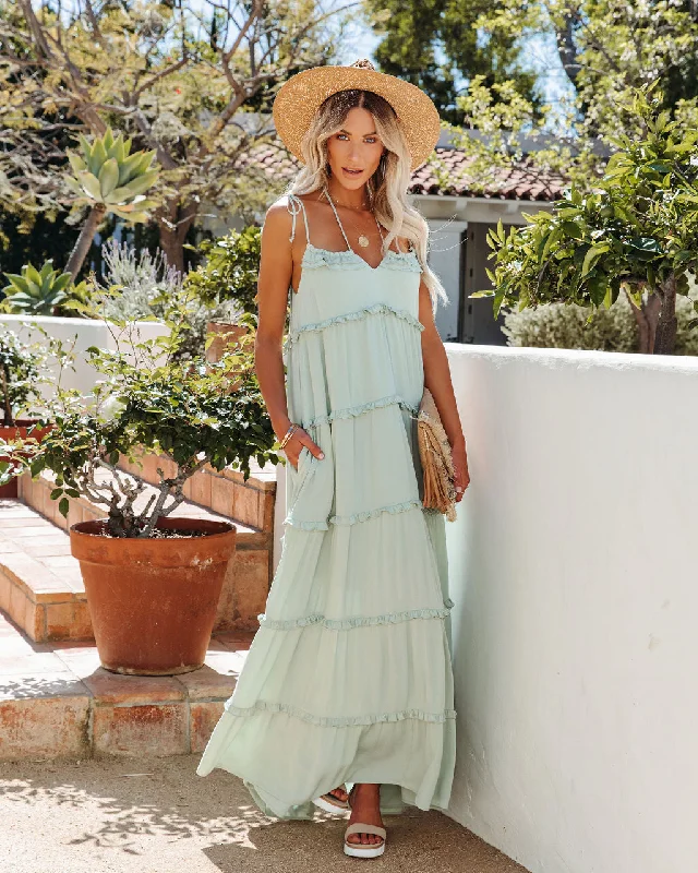 Leighton Pocketed Ruffle Tiered Maxi Dress - Misty Jade Holiday maxi dresses