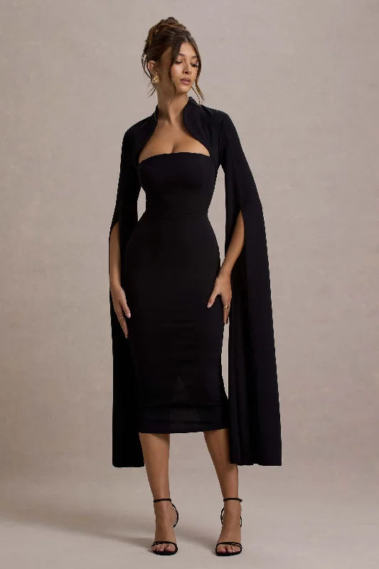 Linden | Black Bodycon Cape-Sleeve Midi Dress Date night midi dresses