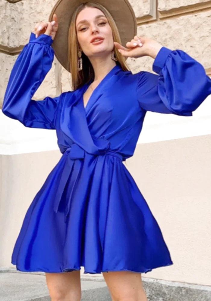 Long Sleeve Blue Satin Dress Chiffon maxi dresses