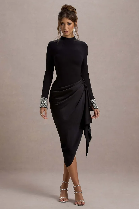 Luanna | Black Satin Long-Sleeve Midi Dress With Draped Skirt A-line midi dresses