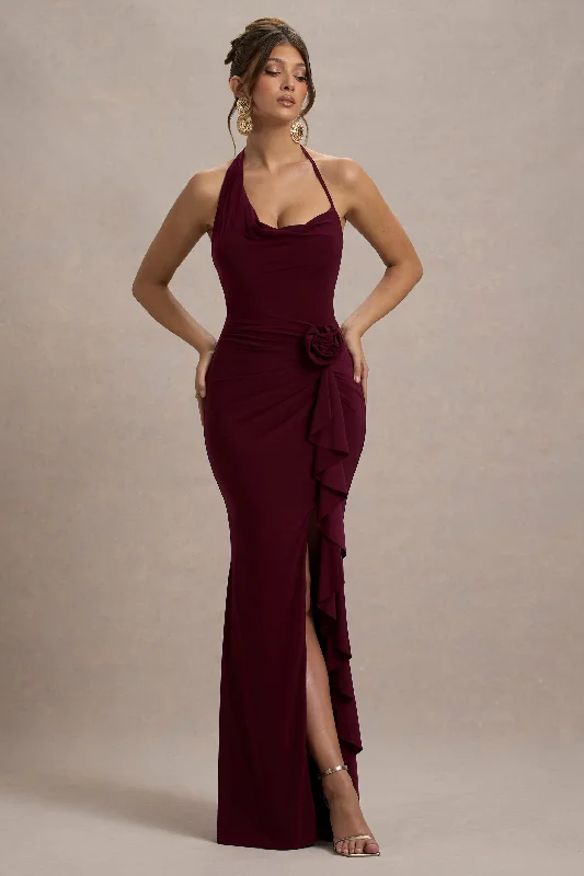 Lucena | Burgundy Cowl-Neck Wrap Maxi Dress With Floral Drape Best maxi dresses for hourglass body shape