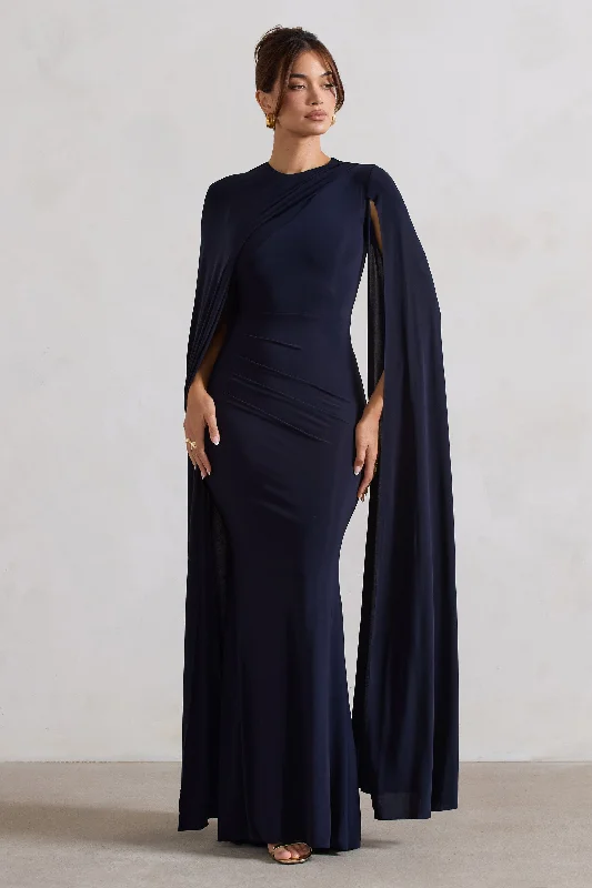 Magdelena | Navy Asymmetric Cape Maxi Dress Fashion-forward maxi dresses