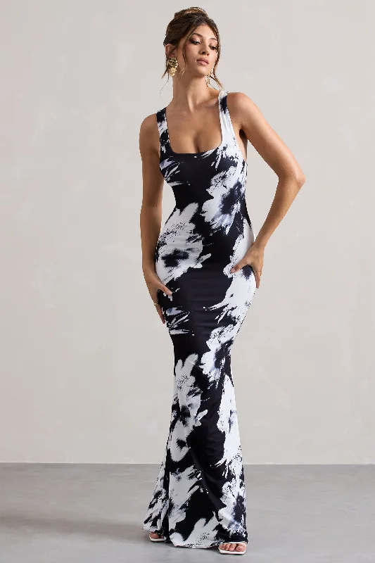 Mahina | Monochrome Floral Print Square-Neck Maxi Dress Boho maxi dresses