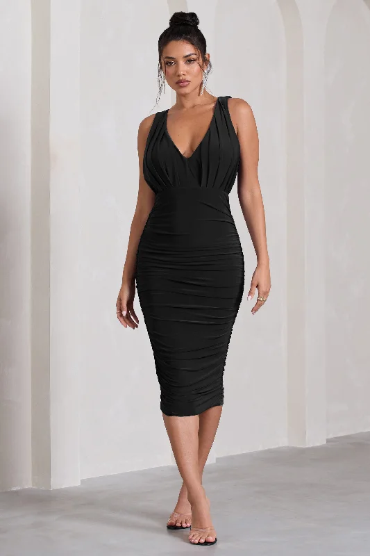 Marlowe | Black Ruched Plunge Sleeveless Midi Dress Women's trendy midi dresses sale