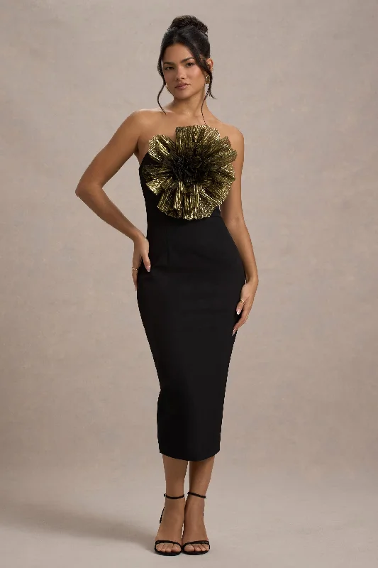 Moya | Black & Gold Bodycon Midi Dress With Corsage Detail A-line midi dresses