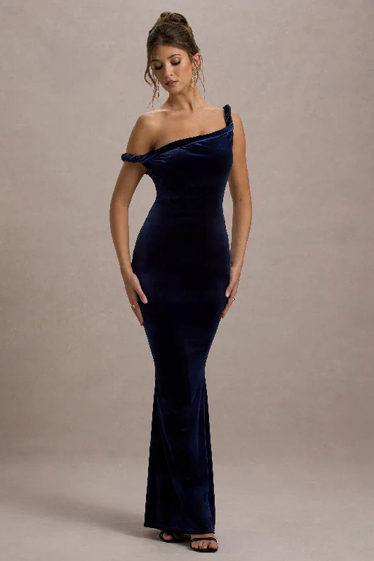 Neeka | Navy Velvet Twisted Asymmetric Maxi Dress Ruffled maxi dresses