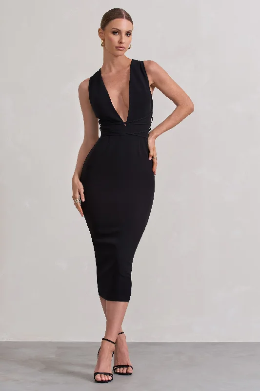 Odessa | Black Plunge Sleeveless Midi Dress With Tie Waist Elegant midi dresses