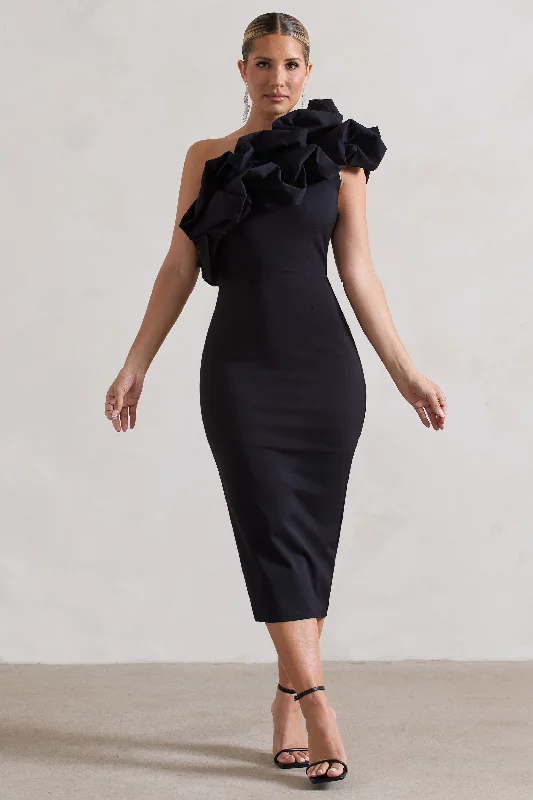 Orchestra | Black One Shoulder Ruffled Midi Dress Expensive midi dresses